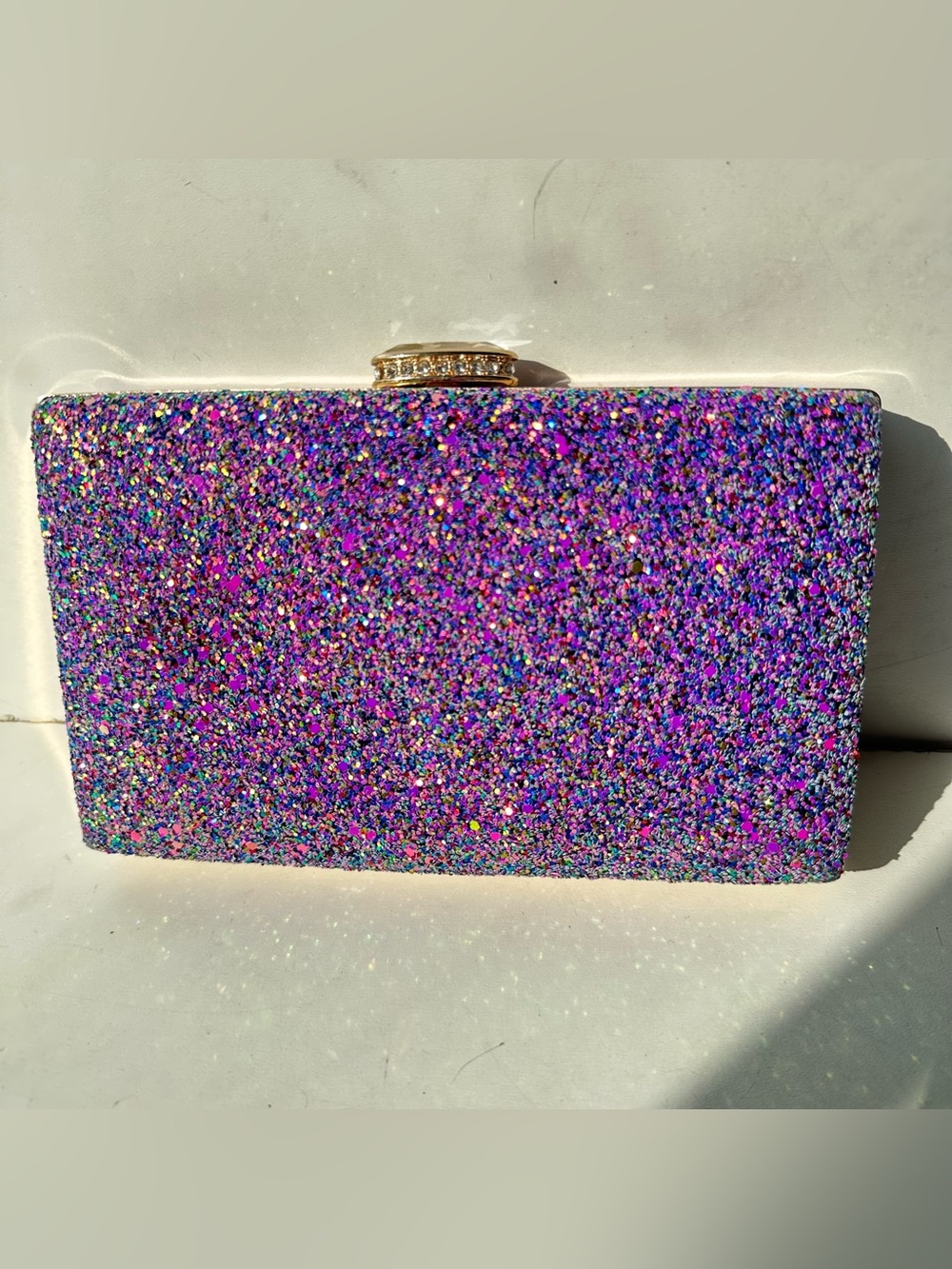 Purple Multi Glitter Clutch Evening Bag Hard Shell Box Minaudière Prom Wedding